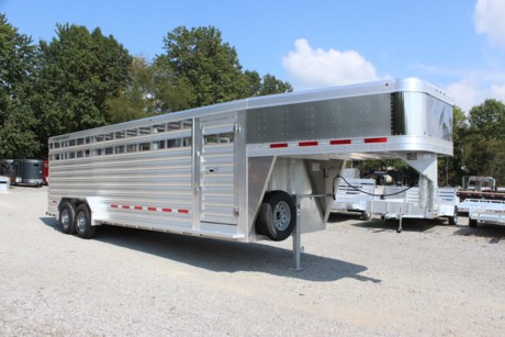2023 FEATHERLITE 8127 7  X 24  ALUMINUM LIVESTOCK TRAILER, 6 6  INTERIOR HEIGHT, TWO DIVIDER GATES WITH SLIDERS WITH 3 EQUALLY SPACED COMPARTMENTS, SPARE TIRE CARRIER, GN 2 5/16  ADJUSTABLE COUPLER, TAPERED NOSE, SINGLE DROP LEG JACK, 2-7K RUBBER TORSION ELECTRIC BRAKE AXLES, ST235/80R16 LRE TIRES, REAR GATE WITH OUTSIDE SLIDER AND WESTERN REAR, RUBBER BUMPER DOCK, ESCAPE DOOR, SKID RESISTANT ALUMINUM FLOOR, 12  ON CENTER CROSS MEMBERS, REAR GN FULL WIDTH DROP DOWN GATE WITH CENTER LATCH, SIDE PANEL WITH 2 TOP AIR SPACES, LED EXTERIOR LIGHTS, LED INTERIOR DOME LIGHT WITH SWITCH UNDER GOOSENECK. -----CUSTOM OPTIONS-------THREE LED INTERIOR DOME LIGHTS WITH SWITCH, STAINLESS STEEL NOSE, REAR SLAM LATCH, WESTERN PACKAGE, DOUBLE TAIL LIGHTS, REAR GATE WITH OUTSIDE SLIDER, CHROME WHEEL LINERS, SPARE TIRE.