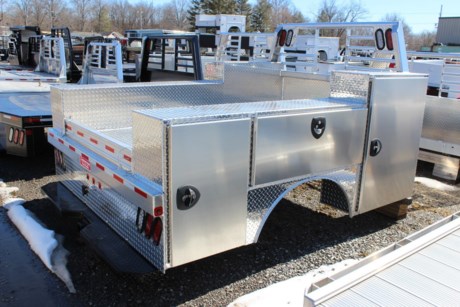 Check out this new Zimmerman Aluminum Advantage Service Body. You can pull a gooseneck trailer with this service body with the built in B&amp;W gooseneck hitch! Has a HD full width step bumper with rear 2-1/2&amp;quot; receiver hitch as well. Get all the Advantages of a service body AND a gooseneck flatbed in one rust free package! 84&amp;quot; wide x 102&amp;quot; long. This bed fits a single wheel longbed truck / bed take off Ford, Dodge, or GM. Comes with a few drawers and shelves and we can add as many as you like in any box! Smooth aluminum doors allow you to add your own decals to the sides! LED rear tail lights and lighted headache rack with clearance lights all around. Ladder racks, toolbox lights and other options are available. Add this amazing one of a kind Service body to your truck today! We can install it in about 6 hours while you wait and have a courtesy vehicle for your use during the install! THIS BED INCLUDES 4 SHELVES (ONE FOR EACH FRONT AND REAR COMPARTMENT). ALSO INCLUDES (2) 3&amp;quot; DRAWERS FRONT BOX (ONE LEFT, ONE RIGHT). DEAD SPACE FOR FUEL FILL. BUILT WITH 48&amp;quot; TALL HEADACHE RACK.