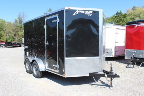 2023 HOMESTEADER 7  X 12  INTREPID TANDEM AXLE ENCLOSED CARGO TRAILER, V-NOSE, BLACK ALUMINUM EXTERIOR, 2-3.5K ELECTRIC BRAKE AXLES, SPRING SUSPENSION, 15  RADIAL TIRES, 32  SIDE DOOR WITH BAR LOCK, REAR DOUBLE DOORS WITH HOLD BACKS, 78  INTERIOR HEIGHT, 3/4  PLYWOOD FLOOR, 3/8  PLYWOOD WALLS, FLOW THRU VENTS-SIDEWALL, DOME LIGHT, LED EXTERIOR LIGHTS, A-FRAME JACK, 2-5/16  COUPLER, 16  ON CENTER WALL POSTS AND FLOOR CROSSMEMBERS.