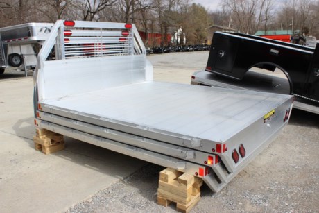2023 ALUMA FLATBED FOR TRUCK FOR SALE, ALL ALUMINUM CONSTRUCTION, NO HITCHES, RUB RAIL WITH STAKE POCKETS, LIGHTED HEADACHE RACK, TAIL LIGHTS, BACK-UP LIGHTS, EXTRUDED ALUMINUM FLOOR WITH DROP REAR SKIRT, 3&amp;quot; CHANNEL MAIN STRINGERS - ADJUSTABLE TO FIT DIFFERENT TRUCK MODELS, 96&amp;quot; WIDE, 106&amp;quot; LONG.

Type: Truck body