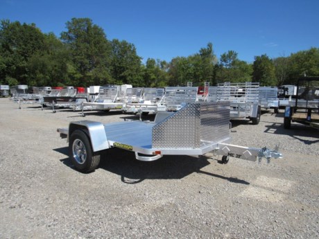 2023 ALUMA TWO PLACE MOTORCYCLE TRAILER, 3.5K IDLER TORSION AXLE, ST205/75R14  RADIAL TIRES W/ ALUMINUM WHEELS, EXTRUDED ALUMINUM FLOOR, ALUMINUM RAMP, 24  ALUMINUM ROCK GUARD IN FRONT, LED LIGHTS, 2  COUPLER, SWIVEL TONGUE JACK, 2-2  MOTORCYCLE WHEEL CHOCKS.