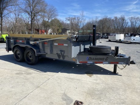 NEW STYLE--2023 DIAMOND C 14&#39; X 82&quot; HEAVY DUTY LOW PROFILE TELESCOPIC DUMP TRAILER, 3 STAGE TELESCOPIC HYDRAULIC HOIST, POWER UP AND GRAVITY DOWN ELECTRIC OVER HYDRAULIC PUMP, 7 WATT SOLARPULSE CHARGING SYSTEM, NEW STYLE--FRONT HD V TOOLBOX, 2-5/16&quot; - 21K DEMCO ADJUSTABLE BP COUPLER, 12K HYDRAULIC JACK, 8&quot; X 15 LB I-BEAM MAIN FRAME, 2-7K 4 IN DROP ELECTRIC BRAKE AXLES, ST215/75R17.5 16 PLY TIRES, SPRING SUSPENSION (DROP AXLES), SPARE TIRE MOUNT, 3 WAY SPREADER GATE, 24&quot; HIGH SIDES, 7 GA HD BODY, FLOOR, AND SIDES, 72&quot; REAR SLIDE-IN RAMPS, 3/16&quot; DIAMOND PLATE FENDERS, FRONT BULKHEAD FOR TARP MOUNTING AND PROTECTION, 20&#39; LONG ARM TARP INSTALLED, BOARD BRACKETS WITH BOARDS AND RAISED FRONT, LED LIGHTS, CEMENT GRAY, DM DIFFERENCE MAKER COATING SYSTEM, 3 YEAR STRUCTURE WARRANTY.