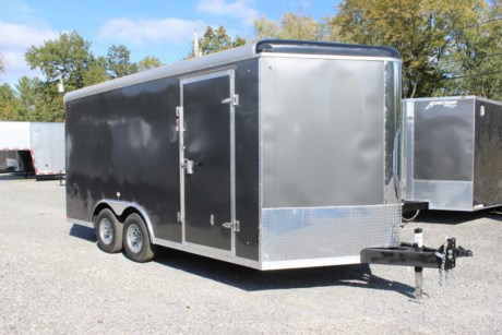 2024 COUNTRY BLACKSMITH ENCLOSED CARGO TRAILER,  PLATINUM SERIES, ROUND TOP WITH WEDGE NOSE, 24  TALL FRONT STONEGUARD, BRITE FRONT NOSE,  8.5  X 16  PLUS 3  WEDGE NOSE,  84  INTERIOR HEIGHT,  TRANSLUCENT ROOF UPGRADE,  6  EXTENDED TONGUE WITH TRIPLE TUBE,  2-5.2K TORSION RIDE AXLES,  ELECTRIC BRAKES ON ALL WHEELS, BREAKAWAY KIT,  SILVER 15  WHEELS WITH ST225/75/R15 RADIAL 8 PLY TIRES,  REAR RAMP DOOR W/ FLAP, 2ND GRAB HANDLE,  36  ALUMINUM FRAME SIDE DOOR WITH RV LATCH AND BAR LOCK,  ALUMINUM DOOR HOLDBACKS, ALL KEYED ALIKE-ALL 3 HASPS,  HIGH QUALITY .030  ALUMINUM SHEET METAL EXTERIOR, SCREWLESS,  CHARCOAL EXTERIOR COLOR, 3  HEAVY DUTY BOTTOM TRIM,  12  WALL, ROOF AND FLOOR CENTERS,  HD TUBE SIDEWALL FRAME, HD TOP TUBE FRAME,  ELECTROLYSIS BARRIER BETWEEN STEEL AND ALUMINUM,  TUBE MAIN FRAME AND C-CHANNEL FLOOR CROSSMEMBERS, WELDED CONSTRUCTION, REAR SILL UPGRADED TO 2  TUBE,  UNDERCOATING ON FRAME,  FRAMED FOR ROOF VENT, FLOW THRU SIDEWALL VENTS,  3/8  DRYMAX WALLS,  3/4  DRYMAX FLOOR, WATERPROOF,  LED LIGHTS, DOT COMPLIANT, RV 7 PIN PLUG, 2ND SET OF STRIP LED TAILLIGHTS,  (3) LED DOME LIGHTS WITH SWITCH,  2-5/16  ADJUSTABLE BALL COUPLER,  DOT RATED SAFETY CHAINS,  7K DROP LEG JACK,  3 YEAR FRAME WARRANTY.
