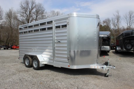 2023 FEATHERLITE 8107 16  ALUMINUM LIVESTOCK TRAILER, BUMPER PULL, 2-5/16  COUPLER, A-FRAME JACK WITH WHEEL, 16FT LONG, 79IN WIDE, 84IN HEIGHT, 2-3.5K RUBBER TORSION/ELECTRIC BRAKE AXLES, ST205/75R15  TIRES WITH SILVER MOD WHEELS AND HUB COVER, SPARE TIRE CARRIER, REAR FULL SWING GATE WITH OUTSIDE SLIDER, REAR GATE SLAM CATCH, BUMPER RUBBER DOCK, CENTER DIVIDER GATE, ESCAPE DOOR, SKID RESISTANT ALUMINUM FLOOR, INTERIOR LED DOME LIGHT WITH SWITCH, LED CLEARANCE AND STOP/TURN LIGHTS.