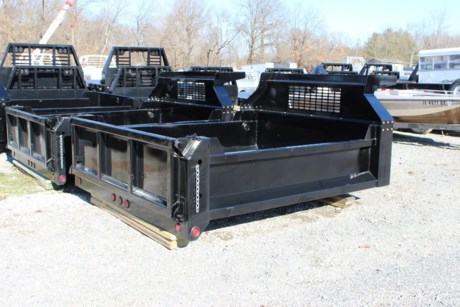 CM 9  DUMP BODY, INCLUDES HOIST, 97  WIDE, 34  FRAME WIDTH, HEAVY DUTY BOLT ON BULKHEAD, 39  TALL FRONT PANEL, 18  TALL SIDES, 24  DOUBLE WALL REAR SPREADER GATE, 10 GAUGE FOLD DOWN STEEL SIDES AND REAR, 3  STEEL CHANNEL CROSSMEMBERS ON 12  CENTERS, 3/16  STEEL FLOOR, LED CLEARANCE LIGHTS, MODULAR SEALED WIRING HARNESS, BLACK POWDERCOAT. Please check with us for exact fitment as makes vary slightly.