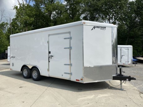 2023 HOMESTEADER 8.5  X 18  HERCULES ENCLOSED TRAILER, 72  TRIPLE TUBE TONGUE, 2-5/16  ADJUSTABLE COUPLER, 8K DROP LEG JACK, 2-3.5K TORSION AXLES, ST215/75/R15 RADIAL TIRES, 86  INTERIOR HEIGHT, NON-SKID WASHABLE FLOOR, 3/8  PLYWOOD WALLS, NON-SKID WASHABLE RAMP AND FLAP, 3/4  PLYWOOD 2FT HIGH ON SIDEWALLS, .030 WHITE ALUMINUM EXTERIOR (SCREWLESS), 12  ON CENTER CROSSMEMBERS, 12  ON CENTER WALL POSTS, 12  ON CENTER ROOF BOWS, REAR RAMP DOOR WITH EXTENDED WOOD FLAP, 48  SIDE DOOR WITH BAR LOCK AND FLUSH MOUNT LOCK, ADDITIONAL DOOR HINGE, DOUBLE REINFORCED RAMP DOOR, ROUND TOP WITH WEDGE NOSE, FRONT STONEGUARD, FLOW THRU SIDEWALL VENTS, LED DOME LIGHTS.