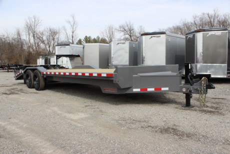 2022 MIDSOTA 24  WIDE BODY SKID LOADER EQUIPMENT TRAILER, 102  WIDE X 24  LONG, 2-8K ELECTRIC BRAKE AXLES, SPRING SUSPENSION, 215/75R17.5 H RANGE TIRES, 2-5/16  ADJUSTABLE DEMCO COUPLER, RUB RAIL WITH STAKE POCKETS, FRONT BULKHEAD, 5  BEAVERTAIL WITH 48  SPRING ASSIST MINI-WEDGE RAMPS, 12K DROP LEG JACK, FRONT A-FRAME STEEL TOOLBOX, 16  CROSS MEMBER SPACING, LED LIGHTS, TREATED WOOD FLOOR, 27.5  DECK HEIGHT, TUBE FRAME, 6  TALL DRIVE OVER FENDERS, GRAY, BEAD BLASTED AND PAINTED WITH 2-PART POLYURETHANE PAINT, 5 YEAR LIMITED FRAME WARRANTY.