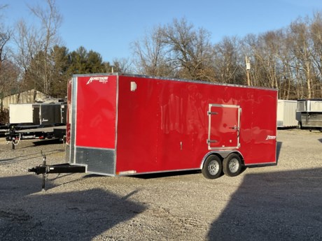HAS CHROME REAR DOOR SILL, ESCAPE DOOR, SEMI SCREWLESS SIDES---2023 HOMESTEADER INTREPID 8.5&#39; X 20&#39; ENCLOSED CAR HAULER TRAILER FOR SALE, 78&quot; INTERIOR HEIGHT, 24&quot; V-NOSE WITH TREADPLATE STONEGUARD, 2-3.5K ELECTRIC BRAKE AXLES, SPRING SUSPENSION, 15&quot; RADIAL TIRES, RED EXTERIOR ALUMINUM, ONE PIECE ALUMINUM ROOF, WHITE CEILING UNDERLAYMENT, 12&quot; ON CENTER FLOOR CROSSMEMBERS, 16&quot; O/C WALL POSTS, AND ROOF BOWS, 32&quot; SIDE DOOR WITH BAR LOCK, REAR RAMP DOOR WITH EXTENDED WOOD FLAP, 4 FOOT BEAVER TAIL, 3/4&quot; PLYWOOD FLOOR, 3/8&quot; PLYWOOD WALLS, 4 FLOOR MOUNT D-RINGS, FLOW THRU SIDE WALL VENTS, INTERIOR DOME LIGHT, LED EXTERIOR LIGHTS, A-FRAME JACK, 2-5/16&quot; A-FRAME COUPLER. REAR CHROME DOOR SILL,