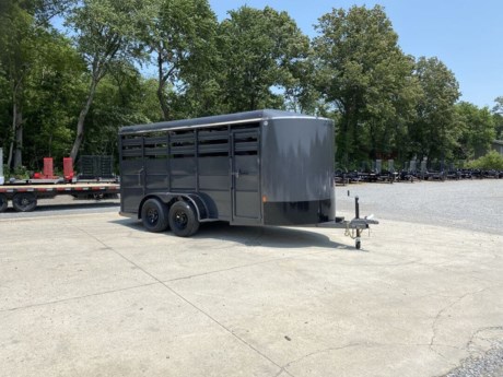 2023 DELTA 16  BUMPER PULL LIVESTOCK TRAILER, 6FT WIDE, 78IN HEIGHT, 2-3.5K ELECTRIC BRAKE AXLES, SPRING SUSPENSION, 15  RADIAL TIRES, SPARE TIRE MOUNT, REAR FULL SWING GATE W/ SLIDER, ESCAPE DOOR, CENTER DIVIDER GATE W/ SPRINGLOADED LATCH, TREATED WOOD FLOOR, GRAY - BAKED-ON HIGH SOLID URETHANE PAINT, LED LIGHTS, 2  A-FRAME COUPLER, A-FRAME BOLT ON JACK WITH CASTER WHEEL.