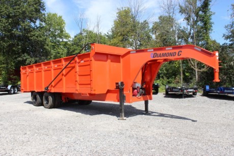 BRAND NEW 2021 DIAMOND C 20&#39; X 96&quot; WORKHORSE DUAL TANDEM GOOSENECK DUMP TRAILER, ENGINEERED BEAM FRAME AND NECK, 6&quot; X 28&quot; SCISSOR LIFT HOIST, GN 2-5/16&quot; ADJUSTABLE COUPLER, SPARE TIRE WITH FOLD DOWN SPARE TIRE MOUNT, DUAL 12K HYDRAULIC JACKS, 2-12K AXLES, ELECTRIC OVER HYDRAULIC DISC BRAKES, OIL BATH HUBS, HUTCH SPRING SUSPENSION, ST215/75R17.5 16 PLY TIRES AND WHEELS, 44&quot; TALL SIDES, 3-WAY DUMP GATE WITH BUILT IN GRAIN DOOR, 90&quot; REAR SLIDE-IN RAMPS, 13HP GAS POWER UNIT WITH HYDRAULIC SCISSOR HOIST, 24&#39; ELECTRIC POWER TARP INSTALLED WITH HD ARM, LED LIGHTS, MUD FLAPS, SIDE STEP, ORANGE, DM DIFFERENCE MAKER COATING SYSTEM, 3 YEAR STRUCTURE WARRANTY.