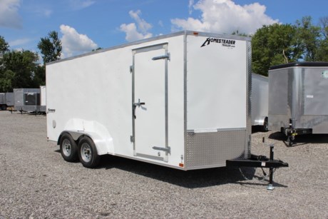 2024 HOMESTEADER 7 X 16 FT INTREPID ENCLOSED CARGO TRAILER FOR SALE, WHITE ALUMINUM EXTERIOR, 2-3.5K ELECTRIC BRAKE AXLES, SPRING SUSPENSION, 15&quot; RADIAL TIRES, FLAT TOP, V-NOSE, 72 INCH INTERIOR HEIGHT, 16&quot; ON CENTER FLOOR CROSSMEMBERS, REAR RAMP DOORS, 32&quot; SIDE DOOR WITH BAR LOCK, 3/4&quot; PLYWOOD FLOOR, 3/8&quot; PLYWOOD WALLS, FLOW THRU VENTS - SIDEWALL, (4) RECESSED FLOOR MOUNT D-RINGS, A-FRAME JACK, 2-5/16&quot; COUPLER.