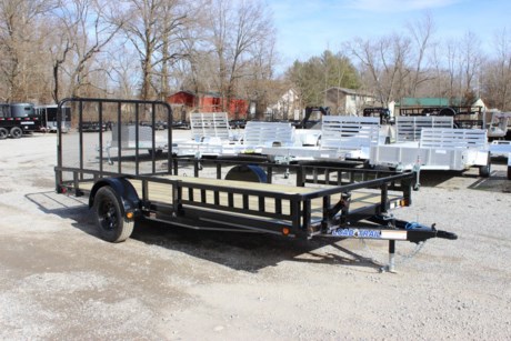 2024 LOAD TRAIL 83&quot; X 14&#39; CHANNEL FRAME UTILITY TRAILER, SINGLE AXLE, 1-3,500 LB DEXTER IDLER SPRING AXLE, ST205/75R15 LRC 6 PLY TIRES, SPARE TIRE MOUNT, 2&quot; A-FRAME CAST COUPLER, 5K SWIVEL TONGUE JACK, TREATED WOOD FLOOR, STRAIGHT DECK, 4&#39; FOLD UP GATE (SPRINGLOADED), 24&quot; ON CENTER CROSS-MEMBERS, TUBE SIDE RAILS (REMOVABLE) WITH SIDE RAIL ATV RAMPS, SMOOTH STEEL FENDERS (REMOVABLE), (4) U-HOOK TIE DOWNS, LED LIGHTS WITH SEALED WIRING HARNESS, COLD WEATHER HARNESS, BLACK POWDERCOAT WITH PRIMER, 3 YEAR STRUCTURAL - LIMITED WARRANTY.