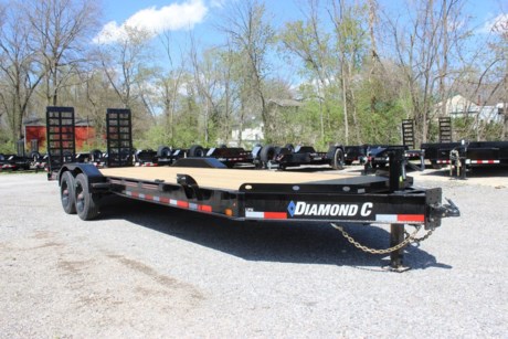2023 DIAMOND C 24  X 82  LOW PROFILE 20K EXTREME DUTY EQUIPMENT TRAILER, HD V-TONGUE LID, 12K DROP LEG JACK, 2-5/16  20K FLAT MOUNT COUPLER, ENGINEERED I-BEAM TONGUE AND FRAME, 3  I-BEAM CROSSMEMBERS ON 12  CENTERS, 2  DIAMOND PLATE DOVETAIL WITH CLEATS, EXTRA WIDE HD 5  STAND-UP RAMPS WITH KICKERS, RUB RAIL WITH STAKE POCKETS, (4) 5/8  D-RING TIE DOWNS, TREATED WOOD FLOOR, 2-10K OIL BATH TORSION AXLES, ELECTRIC BRAKES, ST215/75R17.5  RADIAL 16 PLY TIRES, SPARE TIRE MOUNT, 3/16  DIAMOND PLATE WELD-ON FENDERS, 36  SIDE STEP, BLACK, DM DIFFERENCE MAKER COATING SYSTEM, LED LIGHTS, 3 YEAR STRUCTURE WARRANTY.