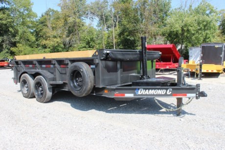 2023 DIAMOND C 14&#39; X 82&quot; HEAVY DUTY LOW PROFILE TELESCOPIC DUMP TRAILER, 3 STAGE TELESCOPIC HYDRAULIC HOIST, POWER UP AND GRAVITY DOWN ELECTRIC OVER HYDRAULIC PUMP, 7 WATT SOLARPULSE CHARGING SYSTEM, FRONT TOOLBOX, 2-5/16&quot; - 21K DEMCO ADJUSTABLE BP COUPLER, 12K DROP LEG JACK, 8&quot; X 15 LB I-BEAM MAIN FRAME, 2-7K ELECTRIC BRAKE AXLES, ST215/75R17.5 16 PLY TIRES, SPRING SUSPENSION (DROP AXLES), SPARE TIRE AND MOUNT, 3 WAY SPREADER GATE, 24&quot; HIGH SIDES, 7 GA (3/16&quot;) BODY, FLOOR, AND SIDES, 72&quot; REAR SLIDE-IN RAMPS, 3/16&quot; DIAMOND PLATE FENDERS, FRONT BULKHEAD FOR TARP MOUNTING AND PROTECTION, 20&#39; TARP INSTALLED, BOARD BRACKETS WITH BOARDS AND RAISED FRONT, LED LIGHTS, METALLIC GRAY, DM DIFFERENCE MAKER COATING SYSTEM, 3 YEAR STRUCTURE WARRANTY.