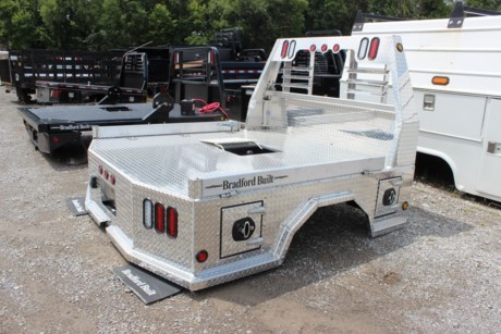 BRADFORD BUILT ALUMINUM 4 BOX UTILITY BED, 84&amp;quot; X 84&amp;quot;, 38&amp;quot; FRAME WIDTH, 40&amp;quot; CAB TO AXLE, FITS SINGLE WHEEL SHORT BED TRUCK (FORD), 30K RATED GOOSENECK HITCH, REAR 2-1/2&amp;quot; RECEIVER HITCH, LED LIGHTS, LIGHTED HEADACHE RACK, 4 TOOLBOXES (ONE IN EACH CORNER), 4&amp;quot; DROP DOWN SIDES, TAPERED REAR CORNERS, STEEL SUB FRAME. Please check with us for exact fitment as makes vary slightly...*******************************COMPLETE CHROME TOOLBOX LATCHES*******

Type: Truck body