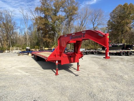 2023 PACESETTER DIAMOND C 25 +5  ENGINEERED BEAM GOOSENECK FLATDECK TRAILER, 5  DOVETAIL WITH 2 FLIP OVER MONSTER RAMPS(44  WIDE, SPRINGLOADED), 2-12K ELEC/HYD DISC BRAKE AXLES, HDSS SPRING SUSPENSION, ST215/75/R17.5  10 PLY TIRES, 2-5/16  BULLDOG ADJUSTABLE GN COUPLER, DUAL HYDRAULIC JACKS, RETRACTABLE FRONT DECK STEPS, MID-DECK STEP ON BOTH SIDES, FRONT TOOLBOX BETWEEN GN RISERS, SPARE TIRE IN NECK, WINCH MOUNTING PLATE WITH RECEIVER TUBE, TREATED WOOD FLOOR, 6  CHANNEL LACE RAIL, 3  I-BEAM CROSS-MEMBERS ON 16  CENTERS, RUB RAIL WITH STAKE-POCKETS AND PIPE-SPOOLS, 16  TALL ENGINEERED I-BEAM, CAMBERED DECK AND FRAME, APPROXIMATELY 34  DECK HEIGHT, 102  OVERALL WIDTH, SEALED WIRING HARNESS, LED LIGHTS, RED POWDERCOAT, DM DIFFERENCE MAKER COATING SYSTEM, 3 YEAR STRUCTURE WARRANTY. UNDERBODY BOX, EXTRA LIGHTS, SOLAR PANEL
