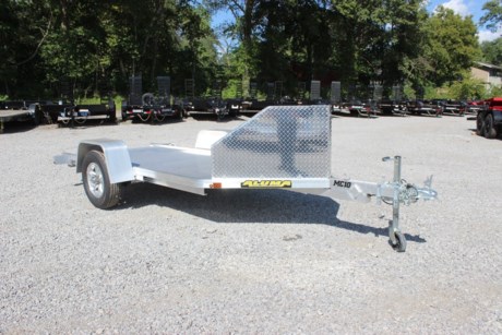 2024 ALUMA 10FT ONE PLACE MOTORCYCLE TRAILER, 51&amp;quot; DECK WIDTH, 2000# RUBBER TORSION IDLER AXLE, ST175/80R13&amp;quot; RADIAL TIRES, ALUMINUM WHEELS, EXTRUDED ALUMINUM FLOOR, ALUMINUM SLIDE-OUT RAMP, 24&amp;quot; TALL ALUMINUM ROCK GUARD IN FRONT, MOTORCYCLE WHEEL CHOCK, SWIVEL TONGUE JACK, 2&amp;quot; COUPLER, LED LIGHTS.