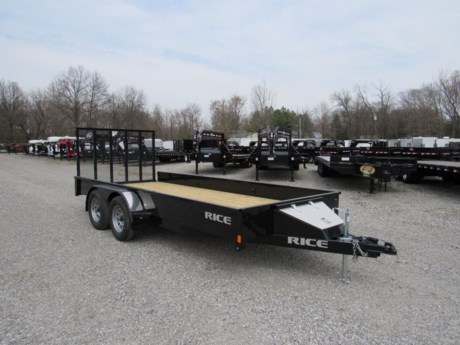 2023 RICE 76&quot; X 16&#39; TANDEM AXLE UTILITY TRAILER, 2-3.5K AXLES, ONE ELECTRIC BRAKE, ST205/75R15&quot; 6 PLY RADIAL TIRES, 14&quot; 12 GUAGE FORMED SHEET METAL SIDES, INTEGRATED STORAGE BOX, 5&quot; CHANNEL TONGUE, 2&quot; A-FRAME COUPLER, 2K SET BACK JACK, TREATED WOOD FLOOR, 4&#39; TUBE DROP GATE W/ SPRING LOADED LATCHES, SEALED MODULAR WIRE HARNESS W/ LED LIGHTS, COMPLETE POWDER COAT FINISH, BLACK.