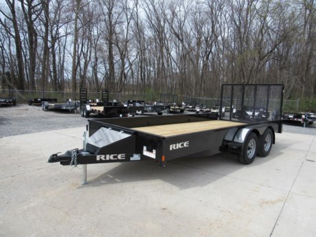 2023 RICE 82  X 16  TANDEM AXLE UTILITY TRAILER, 2-3.5K ELECTRIC BRAKE AXLES, SPRING SUSPENSION, ST205/75R15  6 PLY RADIAL TIRES, 14  12 GUAGE FORMED SHEET METAL SIDES, INTEGRATED STORAGE BOX, 5  CHANNEL TONGUE, 2  A-FRAME COUPLER, 2K SET BACK JACK, TREATED WOOD FLOOR, 4  TUBE DROP GATE WITH SPRING LOADED LATCHES, SEALED MODULAR WIRE HARNESS W/ LED LIGHTS, COMPLETE POWDER COAT FINISH, BLACK.