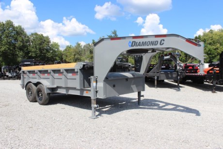 2022 DIAMOND C 14  X 82  HEAVY DUTY I-BEAM FRAME GOOSENECK DUMP TRAILER, TELESCOPIC CYLINDER, POWER UP AND GRAVITY DOWN, BATTERY AND ELECTRIC OVER HYDRAULIC PUMP LOCATED IN FRONT TOOBOX, 12  ENGINEERED BEAM NECK, 25K BULLDOG BX1 2-5/16  GN COUPLER, DUAL 12K DROP LEG JACKS, 8  X 15# I-BEAM MAIN FRAME, 2-7K ELECTRIC BRAKE (STRAIGHT) AXLES, SPRING SUSPENSION, SPARE TIRE AND MOUNT, 3 WAY SPREADER GATE, 24  HIGH 10 GAUGE FLOOR AND SIDES, 3/16  DIAMOND PLATE SUPER HEAVY DUTY FENDERS, BOARD BRACKETS WITH BOARDS AND RAISED FRONT, 72  REAR SLIDE-IN RAMPS, FRONT BULKHEAD FOR TARP MOUNTING AND PROTECTION, 20  TARP INSTALLED, LED LIGHTS, 7 WATT SOLARPULSE PANEL, 36  SIDE STEP, CEMENT GRAY, DM DIFFERENCE MAKER COATING SYSTEM, 3 YEAR STRUCTURE WARRANTY.