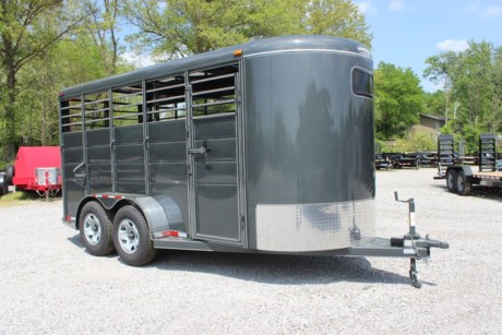 2022 CALICO 16&#39; BUMPER PULL LIVESTOCK TRAILER, 6FT WIDE, 7FT INTERIOR HEIGHT, REAR FULL SWING GATE W/ SLIDER, DIVIDER GATE WITH SLAM LATCH, ESCAPE DOOR, PAINTED WOOD FLOOR, INSIDE AND OUTSIDE TIE HOOKS, 2&quot; A-FRAME COUPLER, A-FRAME JACK WITH CASTER WHEEL, 2-3.5K TORSION AXLES, ELECTRIC BRAKES ON BOTH AXLES, ST235/80R16&quot; RADIAL TIRES, SPARE TIRE MOUNT, DARK SLATE GRAY PAINT WITH WHITE STRIPES.