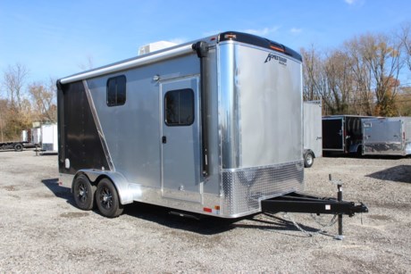 BRAND NEW 2021 HOMESTEADER 7&#39; X 16&#39; HERCULES ENCLOSED CARGO TRAILER, DESIGNED FOR THE CAMPER ENTHUSIAST, 92&quot; INTERIOR HEIGHT, 2-5.2K ELECTRIC BRAKE TORSION AXLES, 15&quot; ALUMINUM WHEELS, 32&quot; SIDE CAMPER DOOR WITH WINDOW AND PULLOUT STEP, 12&quot; HIGH POLISHED ALUMINUM SIDES AND REAR, CHROME FRONT CORNERS, POLISHED ALUM REAR FRAMEWORK, REAR RAMP DOOR WITH EXTENDED WOOD FLAP, (6) RECESSED FLOOR MOUNT 5K D-RINGS, STABILIZER JACKS, SPARE TIRE COMPARTMENT, INSULATED WALLS AND CEILING, WHITE VINYL WALL AND CEILING LINER, BLACK MARBLE VINYL FLOORING, 110 VOLT PACKAGE (30 AMP BREAKER BOX WITH LIFELINE, (4) 12X24 FLAT PANEL LED LIGHTS, 2 RECEPTACLES INTERIOR, 2 RECEPTACLES EXTERIOR, 2 WALL SWITCHES), 13,500 BTU ROOF A/C WITH HEAT STRIP, 14&#39; AWNING, 24X20 WINDOW ON EACH SIDE, BACKUP LIGHTS, DOUBLE LED TAIL LIGHTS, PORCH LIGHT WITH SWITCH, (4) 12V LED INTERIOR LIGHTS WITH SWITCH, (4) EXTRA LED CLEARANCE LIGHTS, SILVER MIST / GRAY ALUMINUM SLANT TWO TONE EXTERIOR WITH CHROME DIVIDER STRIP, SEMI SCREWLESS SIDES, FRONT STONEGUARD, FLOW THRU VENTS - SIDEWALL, 60&quot; TRIPLE TUBE TONGUE WITH 2-5/16&quot; ADJUSTABLE COUPLER.