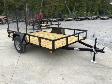 2024 AMO 10  X 76  SINGLE AXLE UTILITY TRAILER, REAR 4  FOLD UP TAILGATE, ANGLE TOPRAIL, TREATED WOOD FLOOR, 4 STAKE POCKETS, SMOOTH STEEL FENDERS, 3.5K IDLER SPRING AXLE, 15  RADIAL TIRES, 2K A-FRAME JACK, 2  STAMPED A-FRAME COUPLER, TAIL LIGHTS, TWO PART PRIMER AND URETHANE BLACK  PAINT, ONE YEAR LIMITED MANUFACTURER WARRANTY.