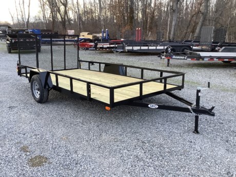 2024 AMO 14  X 82  SINGLE AXLE UTILITY TRAILER,  REAR 4 FT FOLD-IN TAILGATE, WRAPPED TONGUE, ANGLE TOPRAIL, TREATED WOOD FLOOR, 4 STAKE POCKETS, SMOOTH STEEL FENDERS, 3.5K IDLER SPRING AXLE, 15  RADIAL TIRES, 2K A-FRAME JACK, 2  STAMPED A-FRAME COUPLER, TAIL LIGHTS, TWO PART PRIMER AND URETHANE BLACK  PAINT, ONE YEAR LIMITED MANUFACTURER WARRANTY.