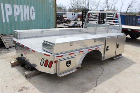 New Zimmerman Ranch Master Aluminum Flatbed, 136  long x 94  wide, fits a dually wheel CAB AND CHASSIS (11  FRAME) Ford, Dodge, or GM pickup! Equipped with a built in 30k rated B&amp;W gooseneck hitch and a 2-1/2 inch rear receiver hitch. This bed has more box space than most beds with 2 front deep chest boxes built into the bed and a rear box built into the bed behind the wheel well (on both sides). Lockable toolboxes with greaseable hinges and smooth aluminum doors. Shelves front box 1st door (1-L, 1-R), Shelves front box 2nd door (1-L, 1-R), 3  drawer front left box 1st door. Custom top deck toolbox, 69  long x 8.5  tall x 16  deep, added on each side for extra storage space! LED tail lights with lighted headache rack and clearance lights. Stake pockets and rub rails. Aluminum tail board. Zimmerman beds are better built than anything you ve seen yet with 3/16  aluminum construction this bed is ready for some hard work! We can install this bed in about 6 hours and we have a courtesy vehicle for your use while you wait. Give us a call and schedule your appointment now!

Type: Truck body