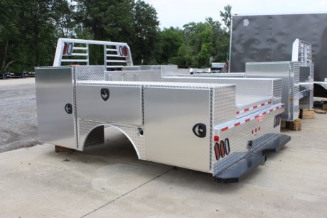 New Zimmerman Aluminum Advantage Service Body. ONE SHELF LEFT FRONT BOX, SHELVES REAR BOX (1-LEFT AND 1-RIGHT), 3  DRAWERS FRONT RIGHT BOX (X3). B&amp;W GN HITCH (DOUBLE CHECK TRAILER TONGUE HEIGHT AS NOT TO GET INTO SIDE BOXES). You can pull a gooseneck trailer with this service body with the built in B&amp;W gooseneck hitch! Has a HD full width step bumper with rear 2-1/2  receiver hitch as well. Get all the Advantages of a service body AND a gooseneck flatbed in one rust free package! This bed fits a dually rear wheel pickup cab and chassis (9  frame) Ford, Dodge, or GM. Comes with a few drawers and shelves and we can add as many as you like in any box! Smooth aluminum doors allow you to add your own decals to the sides! Lockable toolboxes. LED rear tail lights and lighted headache rack with clearance lights all around. (4) floor mount d-rings. Ladder racks, toolbox lights and other options are available. Add this amazing one of a kind Service body to your truck today! We can install it in about 6 hours while you wait and have a courtesy vehicle for your use during the install!