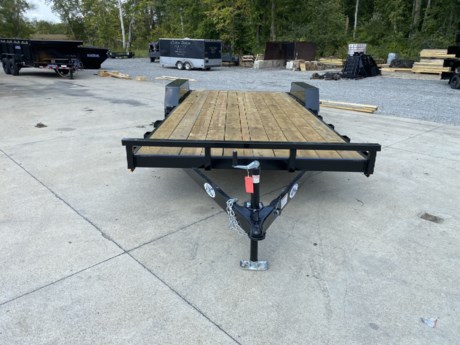 2024 AMO 20 FT X 82 IN FLATBED CAR HAULER TRAILER, 2-3.5K AXLES, ONE ELECTRIC BRAKE, BREAK-AWAY, SPRING SUSPENSION,WRAP TONGE,  NEW 15&quot; 6 PLY RADIAL TIRES, 2&#39; DOVETAIL, SIDE SLIDEIN RAMPS, TREATED WOOD FLOOR, 82&quot; WIDE DECK, FRONT CORNER MARKER LIGHTS, PAINTED BLACK, 2&quot; COUPLER WITH A-FRAME JACK, SEVEN WAY TRAILER PLUG, TWO PART PRIMER, URETHANE PAINT