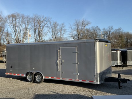 2023 STEALTH 8.5&#39; X 26FT CUSTOM 16K ENCLOSED TRAILER, 2-8K TORSION AXLES, ELECTRIC OVER HYDRAULIC DISC BRAKES, LT215/75R17.5 LRH TIRES, ROUND TOP, FLAT FRONT WITH RADIUS CORNERS, WINDSTAR SILVER .030 ALUMINUM EXTERIOR (SCREWLESS), 90IN INTERIOR HEIGHT, 48&quot; SIDE DOOR WITH RV FLUSH MOUNT LOCK AND BAR LOCK, CARGO VISE KEY-LOCK HASP UPGRADE, HEAVY DUTY REAR RAMP DOOR (6,000-8,000#), INCLUDES ADDITIONAL TUBING IN RAMP DOOR, ADDITIONAL RAMP HINGES AND UPGRADED REAR SILL, DOUBLE 3/4&quot; DRYMAX FLOOR AND RAMP, 3/8&quot; DRYMAX WALLS, 7K DROP DOWN SUPPORT JACKS, 12IN ON CENTER FLOOR CROSSEMBERS AND SIDEWALL POSTS, 12K DROP LEG TONGUE JACK, 21K - 2-5/16&quot; COUPLER, (5) LED DOME LIGHTS, 12V LED REAR LOADING LIGHT WITH SWITCH, 2ND SET OF STRIP LED TAILIGHTS, (5) ADDITIONAL LED CLEARANCE LIGHTS, 12 VOLT BATTERY WITH BOX AND WIRING.