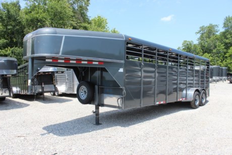 2024 CALICO 24&#39; LIVESTOCK TRAILER, 6&#39;8&quot; WIDE, 7FT INTERIOR HEIGHT, 2 DIVIDER GATES WITH SLAM LATCHES, REAR FULL SWING GATE WITH OUTSIDE SLIDER, ESCAPE DOOR, PAINTED WOOD FLOOR, 2-7K TORSION RIDE AXLES, ELECTRIC BRAKES, SINGLE DROP LEG JACK, 2-5/16&quot; ADJUSTABLE GOOSENECK COUPLER, SPARE TIRE AND MOUNT, DARK SLATE GRAY METALLIC PAINT WITH WHITE STRIPES.