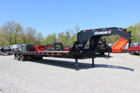 2023 DIAMOND C 40&#39; ENGINEERED BEAM GOOSENECK FLATDECK TRAILER, 12 FT HYDRAULIC TAIL
FRAME SIZE, L40X102
AXLE, 2 - 12K ELEC/HYD DISC BRAKES
SUSPENSION, AIR RIDE W/ FRONT LIFT AXLE
60&quot; SPREAD AXLE - AIR RIDE
FRAME, ENG. BEAM W/3&quot; I-BEAM XM ON 16&quot; CENTERS
SWAY CONTROL PIPE, STANDARD
COUPLER, 30K (2-5/16&quot; BALL) - ROUND
NECK, 12&quot; ENGINEERED NECK
SPARE MOUNT, CABLE WINCH (UNDER FRAME)(RETRACTABLE)
FLOOR, 2&quot; TREATED FLOOR (L40&#39;)
ZIG-ZAG FLOOR SCREWS (L40&#39;)
DOVETAIL, 12&#39; FULLY AUTOMATIC W/5 AMP CHARGER
DOVETAIL W/BLACKWOOD RUNNER
JACK, DUAL 20K HYDRAULIC JACKS
WINCH MOUNTING TRAY (GOOSENECK)
BATTERY - GROUP 27
SOLARPULSE CHARGING SYSTEM 7 WATT
NO EXTRA
STORAGE, 14&quot; X 14&quot; X 42&quot; UNDER SLUNG BOX (1EA)
SLIDE TRACK W/ 1 WELDED RATCHET (PASSENGER SIDE) (L40&#39;)
TIRES, ST215/75R17.5 DUAL, 16 PLY RADIAL, 8 HOLE BLACK
SPARE, ST215/75R17.5 DUAL, 16 PLY RADIAL, 8 HOLE BLACK
PAINT, BLACK
LIGHTS, ALL LED
BOLT-ON LED FLOOD LIGHTS, 2000 LUMEN - 1 PAIR
EXTRA CLEARANCE LIGHTS (5 PAIR)
DECALS, FMAX212