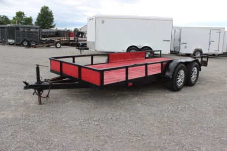 USED 2003 BILT-RITE 16FT TANDEM AXLE UTILITY TRAILER, 76IN WIDE, STRAIGHT DECK, NO RAMPS, WOOD FLOOR, 2-3.5K SPRING AXLES, VEHICLE TIRES, 2&quot; COUPLER, A-FRAME JACK, AS IS.
