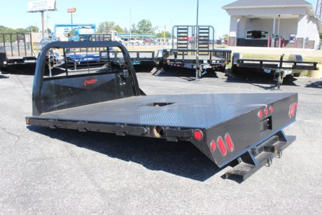 USED, LIKE NEW CADET WESTERN MODEL STEEL FLATBED FOR TRUCK FOR SALE, 96&quot; X 112&quot;, 34&quot; FRAME WIDTH, THIS BED FITS A DUALLY WHEEL CAB AND CHASSIS 9&#39; FRAME TRUCK (60&quot; CAB TO AXLE), GOOSENECK HITCH, SKIRTED REAR WITH 7&quot; CHANNEL STEP AND 2&quot; RECEIVER HITCH, 12 GAUGE TREAD PLATE FLOOR, 3&quot; FORMED CHANNEL CROSSMEMBERS, 4&quot; STRUCTURAL CHANNEL LONG SILLS, 40&quot; ROLL TUBE HEADACHE RACK, SIDE POCKETS AND RUB RAILS, 7 RED AND 2 AMBER LED CLEARANCE LIGHTS, BLACK POLYURETHANE PAINT, (2) OVAL RED S&amp;T TAIL LIGHTS AND (2) OVAL RED S&amp;T WITH CYCLOPS BACKUP LIGHTS, ALL WEATHER UNDER-COATING, WEATHERPROOF WIRING HARNESS.