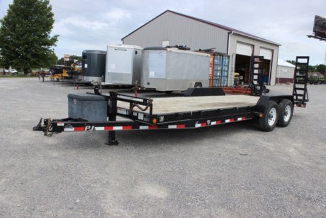 USED 2016 PJ 22FT FLATBED EQUIPMENT TRAILER, 2-7K AXLES, SPRING SUSPENSION, 2FT DOVETAIL WITH REAR STAND-UP RAMPS, TIRES ABOUT 50%, GOOD WOOD FLOOR, STAKE POCKETS, 6&quot; CHANNEL FRAME AND TONGUE, FRONT TOOLBOX, 10K DROP LEG JACK, 2-5/16&quot; ADJUSTABLE COUPLER, BLACK, GOOD CONDITION.