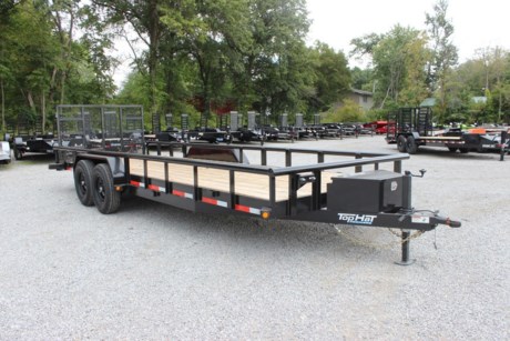 2022 TOP HAT 22&#39; X 83&quot; HEAVY DUTY UTILITY / EQUIPMENT TRAILER FOR SALE, THIS IS THE 10K LOAD HAULER MODEL, 3IN PIPE TOP RAIL, 5IN CHANNEL WRAP TONGUE, 6X4X5/16 ANGLE IRON FRAME, 3IN CHANNEL CROSSMEMBERS ON 16IN CENTERS, DIAMOND PLATE FENDERS, 2FT WOOD DOVETAIL, 4FT TAILGATE (SPRING ASSIST), TREATED WOOD FLOOR, STAKE POCKETS, 2-5.2K ELECTRIC BRAKE AXLES, BREAK AWAY UNIT WITH CHARGER, SPRING SUSPENSION, ST235/80R16&quot; RADIAL TIRES, SPARE TIRE MOUNT, 2-5/16&quot; COUPLER, 7K DROP LEG JACK, A-FRAME MEDIUM TOOLBOX, LED FLUSH MOUNT LIGHTS, DOT REFLECTIVE TAPE, BLACK EXTERIOR COLOR.