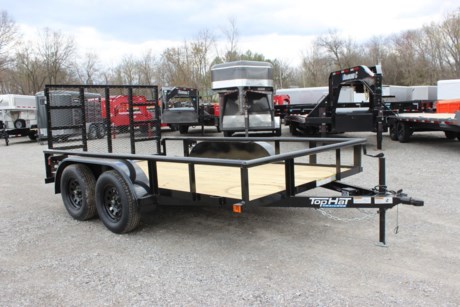 2022 TOP HAT 12&#39; X 83&quot; TANDEM AXLE UTILITY TRAILER, STRAIGHT DECK, REAR 4&#39; FOLD-IN TAILGATE, 4&quot; CHANNEL TONGUE, 3X2 ANGLE FRAME AND CROSSMEMBERS, 2 3/8&quot; PIPE TOPRAIL, TREATED WOOD FLOOR, STAKE POCKETS, SMOOTH STEEL FENDERS, 2-3.5K (DEXTER) SPRING AXLES, ONE ELECTRIC BRAKE AXLE, BREAK AWAY UNIT WITH CHARGER, 15&quot; RADIAL TIRES, 2K A-FRAME JACK, 2&quot; FORGED A-FRAME COUPLER, LED TAIL LIGHTS, BLACK VALSPAR PAINT, ONE YEAR LIMITED MANUFACTURER WARRANTY.