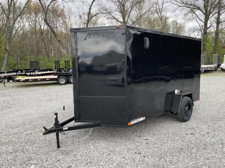 2024 HOMESTEADER 6&#39; X 12&#39; ENCLOSED CARGO TRAILER FOR SALE, BLACKED OUT EXTERIOR ALUMINUM, 24&quot; V-NOSE, 32&quot; SIDE DOOR WITH BAR LOCK, REAR RAMP DOOR WITH EXTENDED WOOD FLAP, 72&quot; INTERIOR HEIGHT, 16&quot; ON CENTER WALL POSTS, 3/4&quot; PLYWOOD FLOOR, (4) FLOOR MOUNT D-RINGS, 3/8&quot; PLYWOOD WALLS, SIDE WALL FLOW THRU VENTS, DOME LIGHT, 3.5K IDLER AXLE, SPRING SUSPENSION, 15&quot; RADIAL TIRES, LED EXTERIOR LIGHTS, A-FRAME JACK, 2&quot; COUPLER.