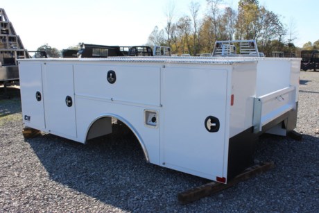2024 CM 11 FT SERVICE BODY FOR 84 CAB TO AXLE PICKUP, REAR BUMPER INCLUDED, PRIMER AND WHITE POWDER COAT, 48 MONTH WARRANTY, LED LIGHTS, 12 GUAGE GALVANEAL DECK WITH ANTI SLIP COATING, HD REAR TAILGATE, T-HANDEL COMPRESSION LATCHES, 6 YEAR NO RUST THROUGH GUARANTEE. FITS ANY CAB AND CHASSIS TRUCK WITH AN 84 INCH CAB TO AXLE LENGTH.