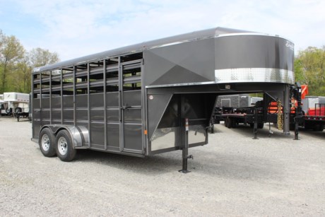 2024 DELTA 16&#39; GOOSENECK 600 DELUXE LIVESTOCK TRAILER, !!!BLACK TRIM!!! 6FT 8IN WIDE, 7FT INTERIOR HEIGHT, 2-3.5K ELECTRIC BRAKE TORSION AXLES, ST235/80R16&quot; RADIAL TIRES, SPARE TIRE MOUNT, REAR FULL SWING GATE W/ SLIDER AND SLAM LATCH, ESCAPE DOOR, CENTER DIVIDER GATE W/ SPRINGLOADED LATCH, TREATED WOOD FLOOR, STORM GREY METALLIC PAINT, LED LIGHTS, INTERIOR DOME LIGHT, 2-5/16&quot; GN COUPLER, 10K DROP LEG JACK.