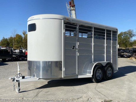 2024 CALICO 3 HORSE TRAILER WITH SLANT DIVIDERS, BUMPER PULL, 16FT LONG, 6FT WIDE, 90IN INTERIOR HEIGHT, REAR RAMP WITH CURTAIN DOORS ABOVE, 1/2&quot; FLOOR MATS IN HORSE AREA ALSO IN FRONT TACK ROOM, 3 SADDLE RACK IN FRONT TACK ROOM, SIDE DOOR INTO FRONT TACK, ESCAPE DOOR ON DRIVERS SIDE, 2-3.5K TORSION AXLES, ONE ELECTRIC BRAKE, ST235/80R16&quot; RADIAL TIRES, SPARE TIRE MOUNT, 2&quot; COUPLER, A-FRAME JACK, LINEN WHITE WITH BLACK STRIPES, LED LIGHTS.