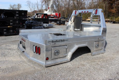 BRADFORD BUILT 96&quot; X 102&quot; ALUMINUM 4 BOX UTILITY BED, 42&quot; FRAME WIDTH, 56&quot; CAB TO AXLE, FITS DUALLY WHEEL BED TAKE OFF TRUCK (LONG BED), LIGHTED HEADACHE RACK, GOOSENECK HITCH, 2-1/2&quot; REAR RECEIVER HITCH, LED LIGHTS, 4&quot; DROP DOWN SIDES, SKIRTED BED WITH 4 TOOLBOXES (ONE IN EACH CORNER), STEEL SUB FRAME. Please check with us for exact fitment as makes vary slightly.