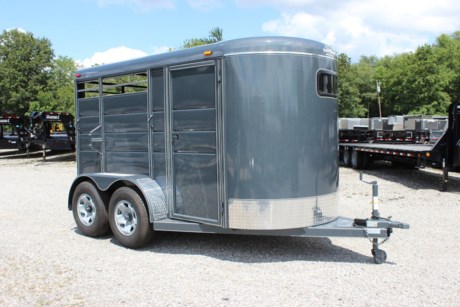 2022 CALICO 2 HORSE SLANT W/ DRESSING ROOM, 12&#39; LONG, 6&#39; WIDE, 6&#39;6&quot; INTERIOR HEIGHT, DARK SLATE GRAY METALLIC PAINT WITH WHITE STRIPES, 2-3.5K TORSION AXLES, ONE ELECTRIC BRAKE, ST235/80R16&quot; RADIAL TIRES, SPARE TIRE MOUNT, REAR FULL SWING GATE, SLANT DIVIDER, FRONT DRESSING ROOM W/ SIDE DOOR, SADDLE RACK, ESCAPE DOOR ON DRIVERS SIDE, PAINTED WOOD FLOOR, TIE HOOKS, 2&quot; A-FRAME COUPLER, A-FRAME JACK WITH CASTER WHEEL.