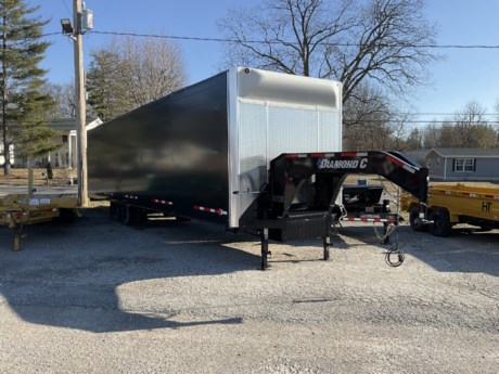 NOW HAS ROLLING TARP INSTALLED---2023 DIAMOND C 40&#39; ENGINEERED BEAM GOOSENECK FLATDECK TRAILER, STRAIGHT DECK WITH 8&#39; REAR SLIDE-IN RAMPS, 2-12K ELECTRIC BRAKE AXLES, SPRING SUSPENSION, ST235/80R16&quot; 10 PLY TIRES, SPARE TIRE IN NECK, 2-5/16&quot; BULLDOG ADJUSTABLE GN COUPLER, 2-12K DROP LEG JACKS, RETRACTABLE FRONT DECK STEPS, MID-DECK STEP ON BOTH SIDES, FRONT TOOLBOX BETWEEN GN RISERS, TREATED WOOD FLOOR, 6&quot; CHANNEL LACE RAIL, 3&quot; CHANNEL CROSS-MEMBERS ON 16&quot; CENTERS, RUB RAIL WITH STAKE-POCKETS AND PIPE-SPOOLS, 16&quot; TALL ENGINEERED I-BEAM, CAMBERED DECK AND FRAME, APPROXIMATELY 34&quot; DECK HEIGHT, 102&quot; OVERALL WIDTH, SEALED WIRING HARNESS, LED LIGHTS, SLIDE TRACK FOR TIE DOWN WINCHES ON PASSENGERS SIDE, BLACK PPG POLYURETHANE PAINT, 3 YEAR STRUCTURE WARRANTY.