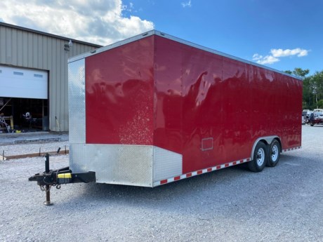 USED 2019 ANVIL 102&quot; X 22&#39; ENCLOSED CAR-HAULER TRAILER FOR SALE, SLANT V-NOSE, FLAT TOP, ONE PIECE ALUMINUM ROOF (ROOF DAMAGED AT SIDE DOOR), 7FT INTERIOR HEIGHT, 16&quot; ON CENTER ROOF BOWS, 12&quot; ON CENTER WALL POSTS, 12&quot; ON CENTER FLOOR CROSSMEMBERS, DOUBLE WALL POST ON EACH CORNER, 2-7K ELECTRIC BRAKE TORSION AXLES, DECENT 16&quot; RADIAL TIRES, RED EXTERIOR ALUMINUM, 36&quot; SIDE DOOR WITH BAR LOCK, REAR RAMP DOOR, HD RAMP DOOR HINGES, REAR SILL UPGRADED TO TUBULAR STEEL, PLYWOOD FLOOR &amp; WALLS, 4 FLOOR MOUNT D-RINGS, LED EXTERIOR LIGHTS, 5K A-FRAME JACK, 15K 2-5/16&quot; A-FRAME COUPLER.