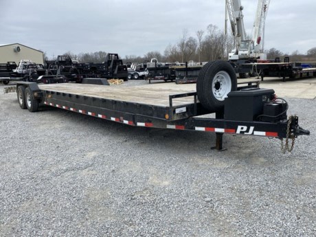 USED 2019 PJ 34 FT BUMPER PULL CAR HAULER, 83 IN WIDE, SLIDE OUT RAMPS, BLACK POWDERCOAT, TREATED WOOD FLOOR, 12K WINCH WITH BATTERY AND CHARGER, FRONT TOOLBOX, TREATED WOOD FLOOR, BEAVERTAIL, 2-7K DEXTER ELECTRIC BRAKE AXLES