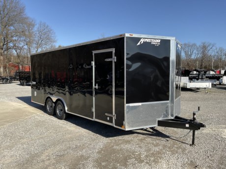 2024 HOMESTEADER INTREPID 8.5 FT X 20 FT ENCLOSED CAR HAULER TRAILER FOR SALE, 
78 INCH INTERIOR HEIGHT, 
24 INCH V-NOSE WITH TREADPLATE STONEGUARD, 
2-3.5K ELECTRIC BRAKE AXLES, SPRING SUSPENSION, 
15&quot; RADIAL TIRES, BLACK EXTERIOR ALUMINUM, 
ONE PIECE ALUMINUM ROOF, WHITE CEILING UNDERLAYMENT, 
16 INCH ON CENTER FLOOR CROSSMEMBERS, 
16&quot; O/C WALL POSTS, AND ROOF BOWS, 
32&quot; SIDE DOOR WITH BAR LOCK, 
REAR RAMP DOOR WITH EXTENDED WOOD FLAP, 
4 FOOT BEAVER TAIL, 
3/4&quot; PLYWOOD FLOOR, 3/8&quot; PLYWOOD WALLS, 
4 FLOOR MOUNT D-RINGS,
FLOW THRU SIDE WALL VENTS, 
INTERIOR DOME LIGHT,
LED EXTERIOR LIGHTS, 
A-FRAME JACK, 2-5/16&quot; A-FRAME COUPLER