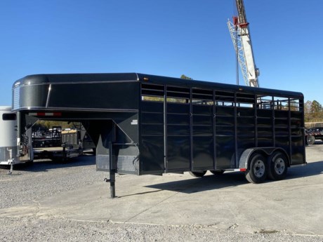 2024 CALICO 20&#39; GN LIVESTOCK TRAILER, 6&#39; WIDE, 7&#39; HEIGHT, CENTER DIVIDER GATE WITH SLAM LATCH, REAR FULL SWING GATE WITH OUTSIDE SLIDER, ESCAPE DOOR, PAINTED WOOD FLOOR, 2-6K TORSION AXLES, ELECTRIC BRAKES, SINGLE DROP LEG JACK, 2-5/16&quot; ADJUSTABLE COUPLER, SPARE TIRE, DARK SLATE GRAY METALLIC PAINT WITH WHITE STRIPES.
